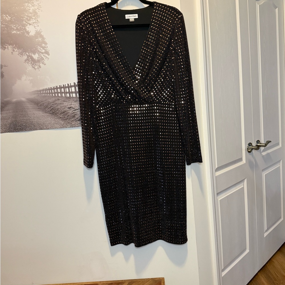 Calvin Klein Brown Sequin Surplice Midi Long Sleeve Dress size 10